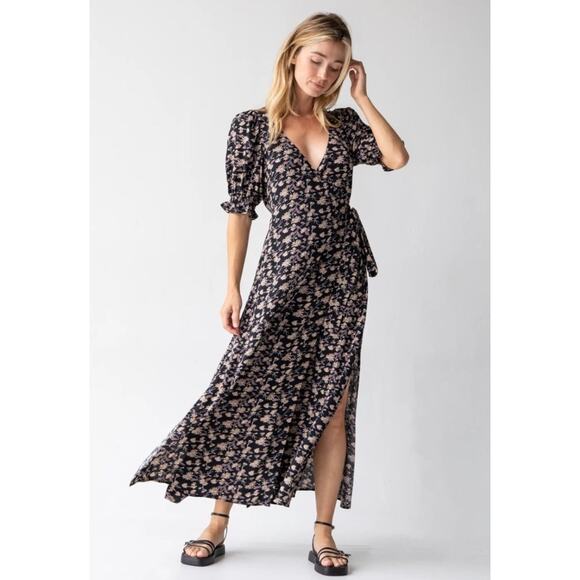 Natural Life Sophia Wrap Midi Dress Size Medium Black Leaf Print Boho Elegant - Picture 3 of 16